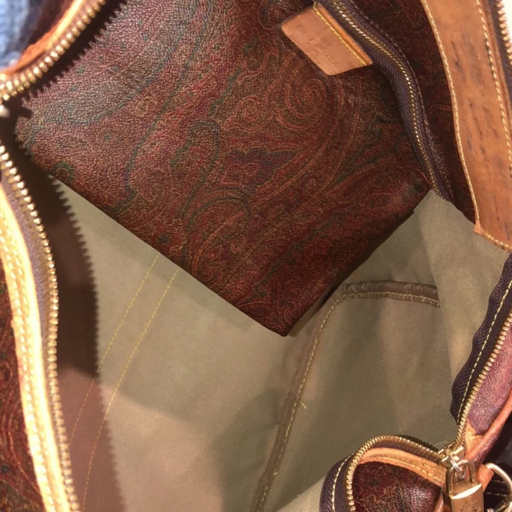 ETRO MILANO Paisley Coated Canvas Vachetta Leather Boston Shoulder Weekend Bag